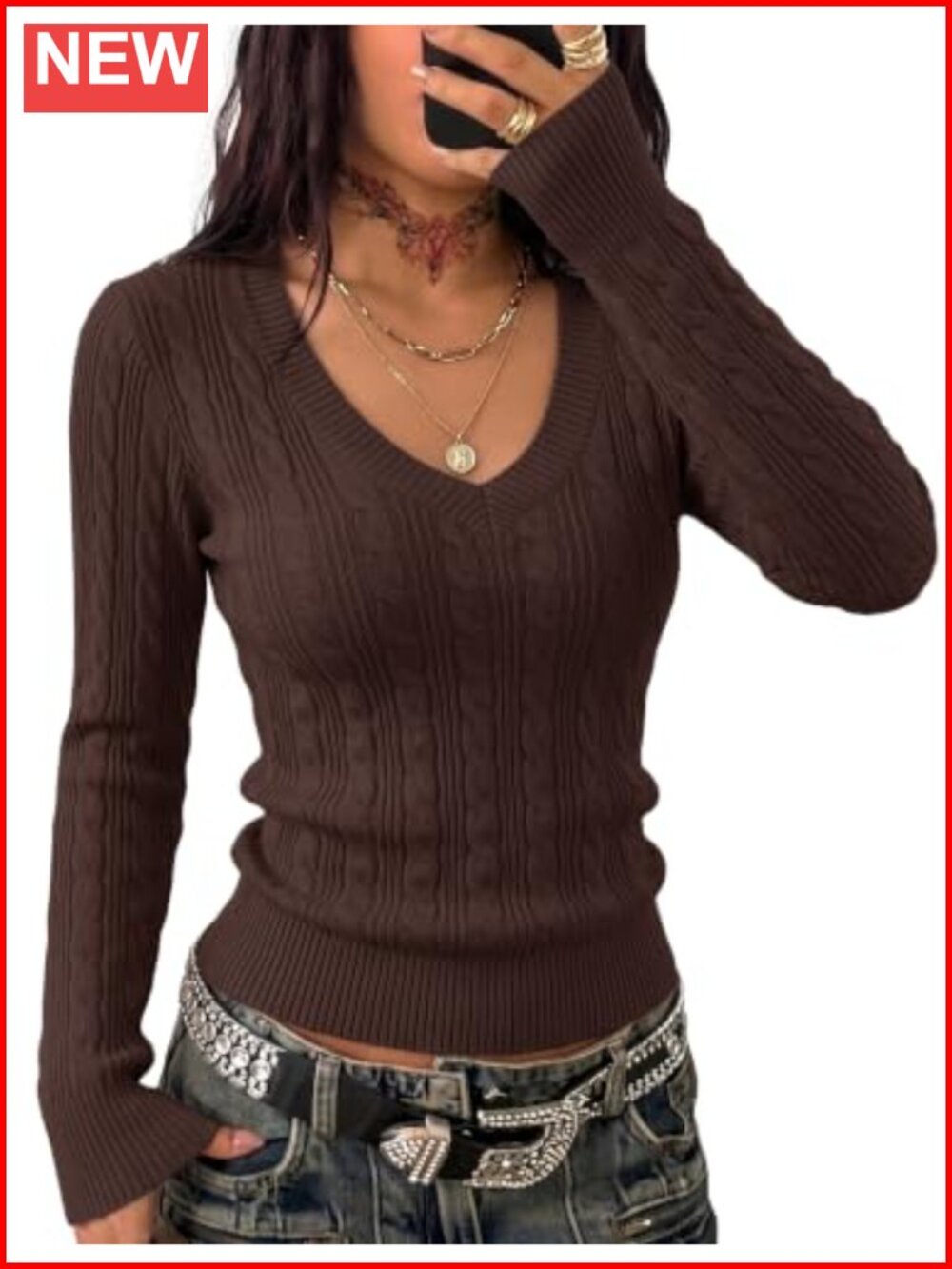 Cable Knit V Neck Slim Fit Long Sleeve Pullover Sweater